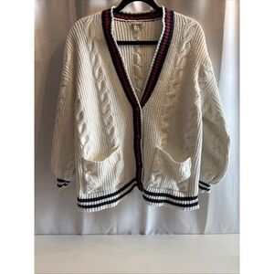 American Eagle Cream Cable Knit Varsity Cardigan Striped Trim Women's M Preppy